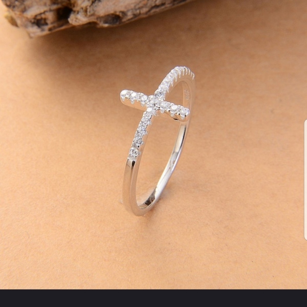Delicate Silver Cross Ring with Clear Crystals - Women Never Worn